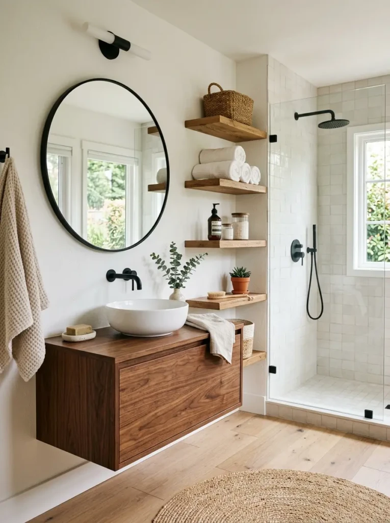 Cozy bathroom featuring natural wood shelves and a walnut vanity with modern styling.