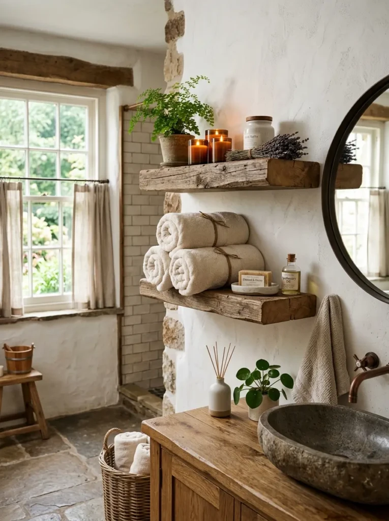 Rustic bathroom with reclaimed wood shelves displaying towels, candles, and decorative accents.
