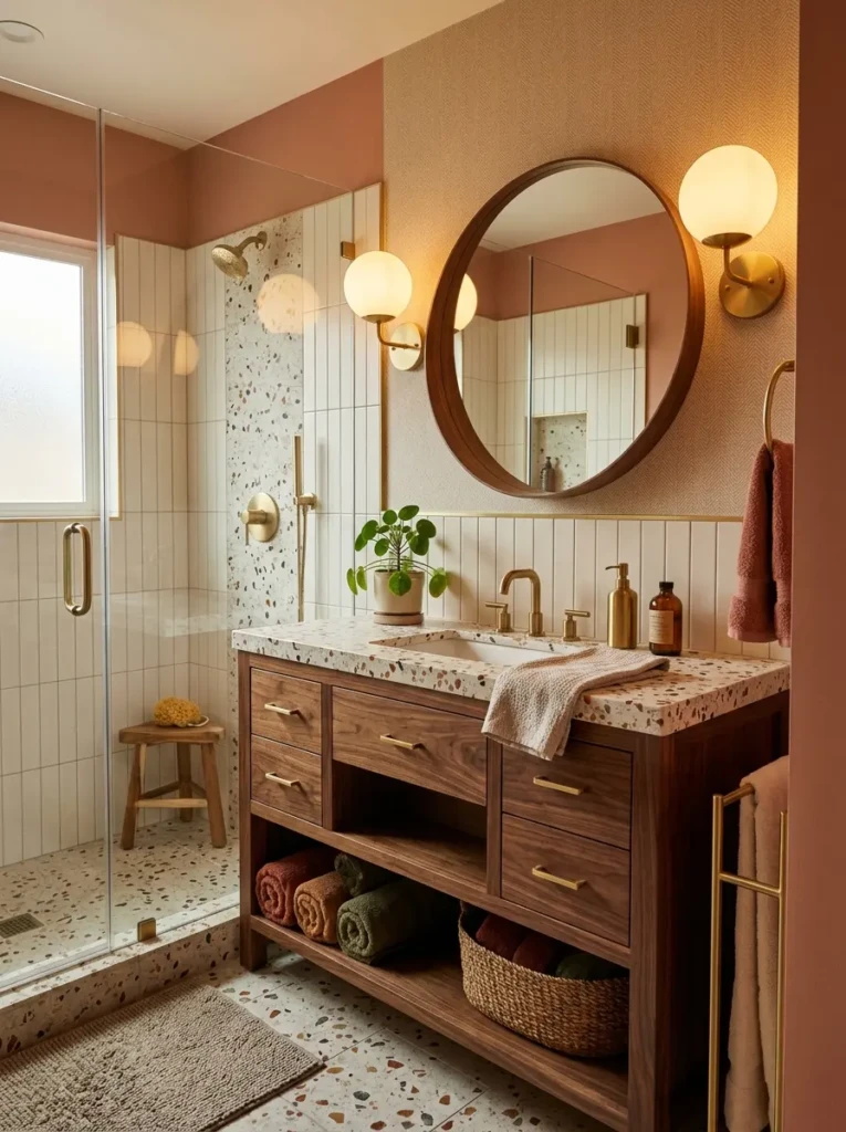 Charming bathroom featuring frosted globe lights, wood vanity, and warm inviting ambiance
