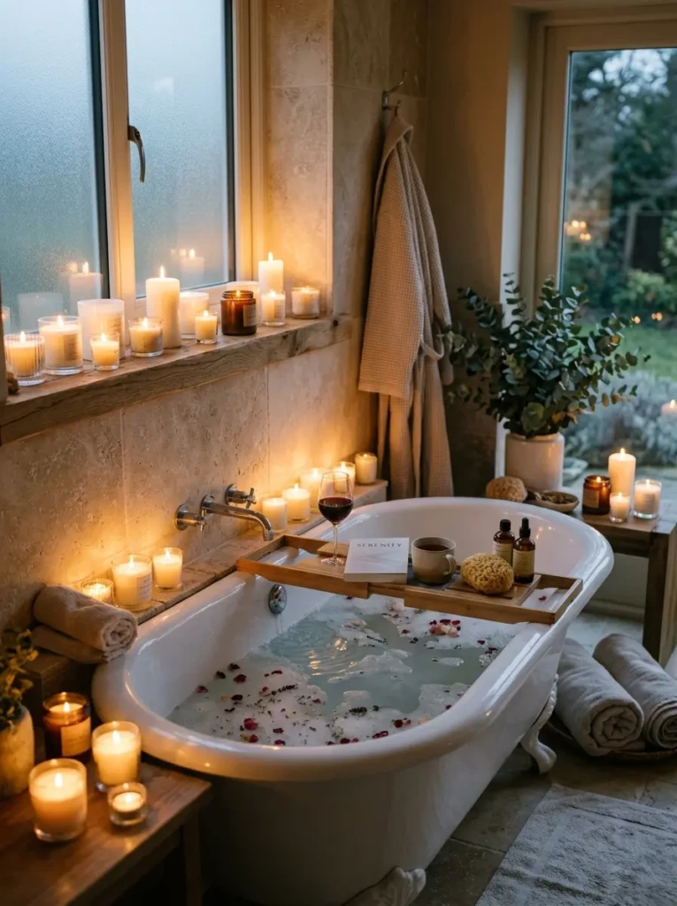 Decorative candles arranged around a bathtub creating a calming spa ambiance.