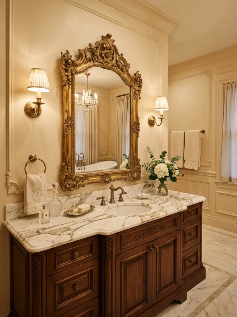 Elegant bathroom showcasing a vintage gold-framed vanity mirror with marble and warm wood accents.
