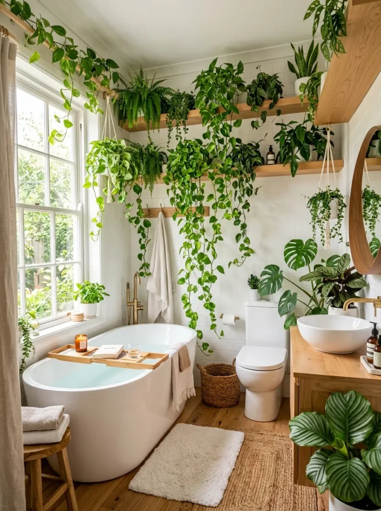 Lush indoor plants adding color and freshness to a bright bathroom space.