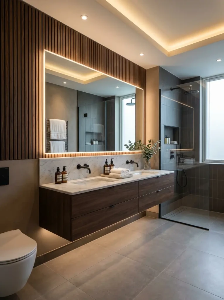 Modern bathroom featuring an LED backlit vanity mirror creating a soft ambient glow.