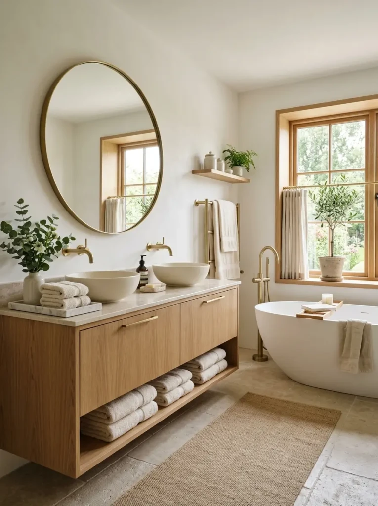 Cozy warm white bathroom with oak vanity, cream towels, brass fixtures, and soft natural light.