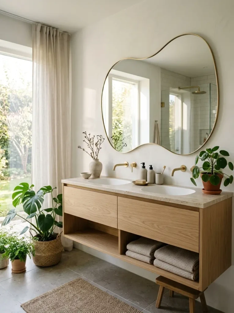 Contemporary bathroom featuring a large organic-shaped vanity mirror above a light wood vanity.