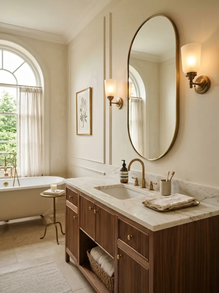 Luxury bathroom featuring a tall oval vanity mirror with brass fixtures and soft lighting.