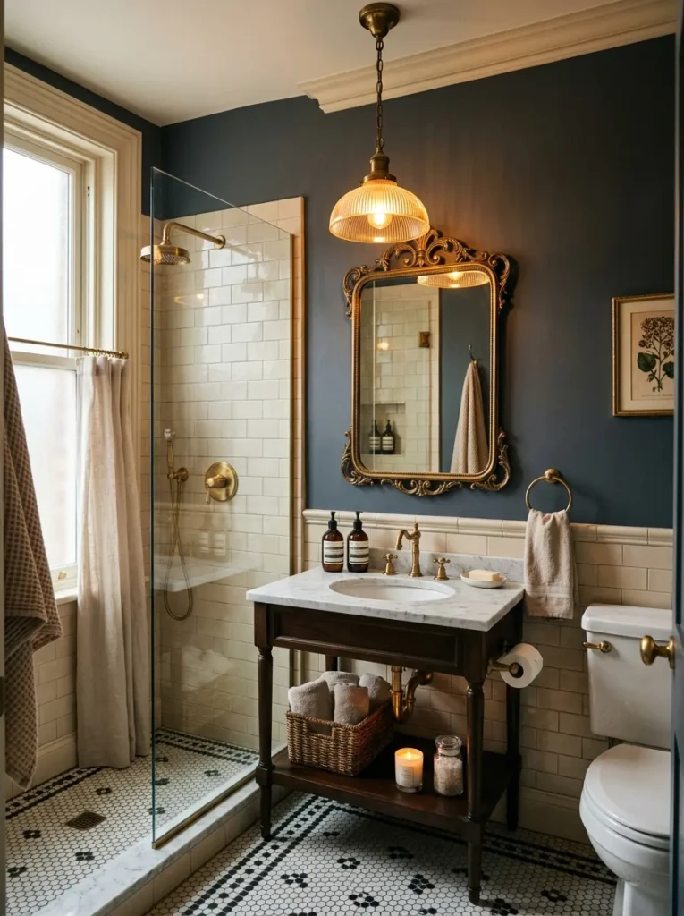Charming bathroom featuring a statement pendant light and decorative vintage mirror.
