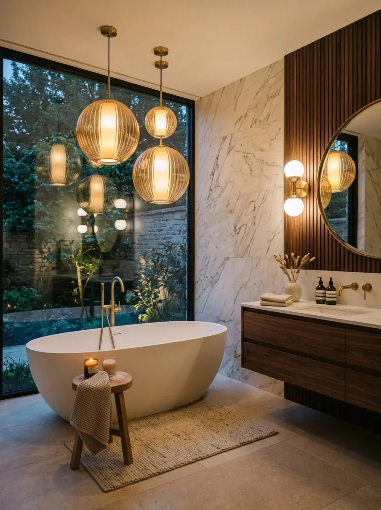 Luxury bathroom featuring decorative pendant lighting above a vanity and freestanding bathtub