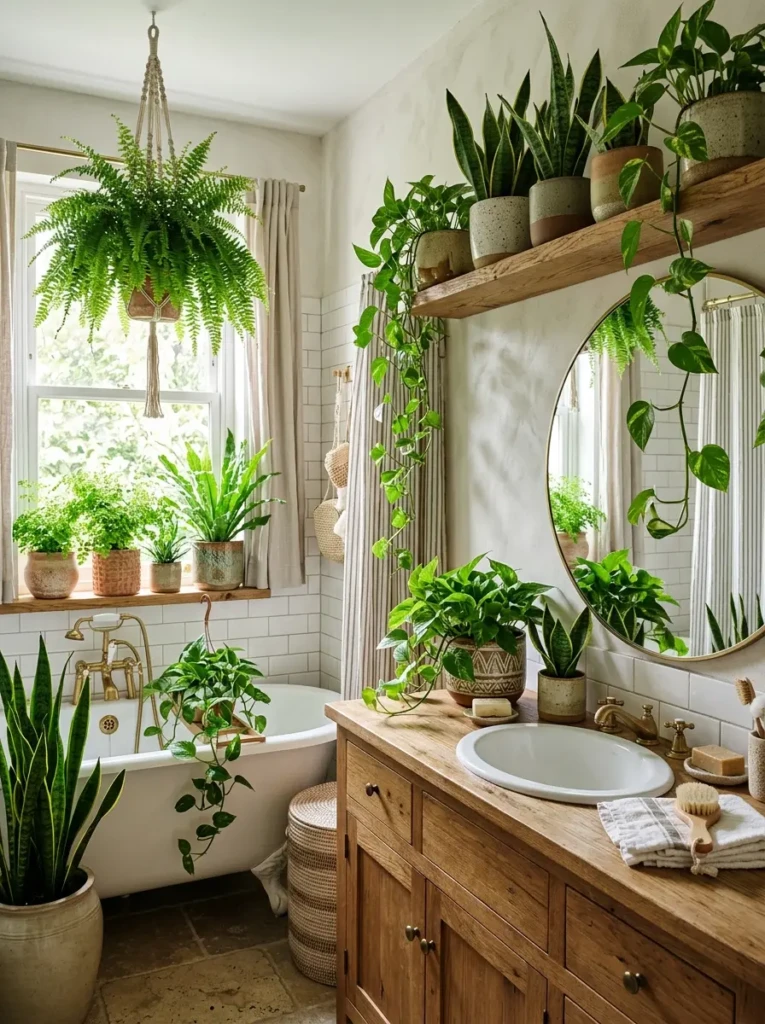 Bathroom decorated with pothos, ferns, and snake plants in decorative pots