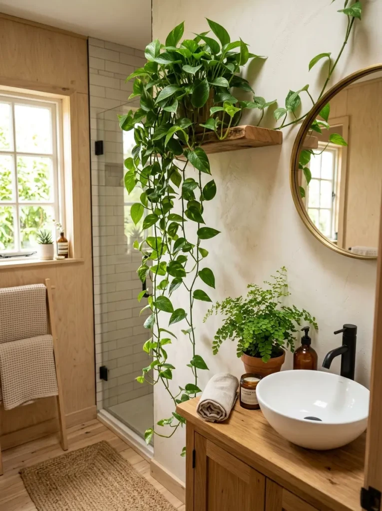 Compact bathroom decorated with green plants that add freshness and natural beauty.