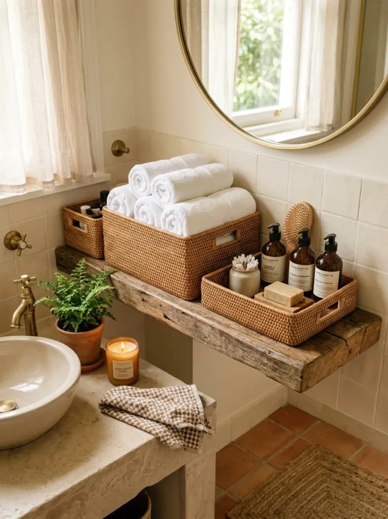 Natural woven baskets filled with rolled towels and bathroom accessories.