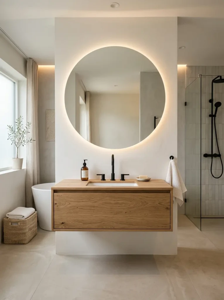 Minimalist bathroom featuring a round vanity mirror above a floating wood vanity.
