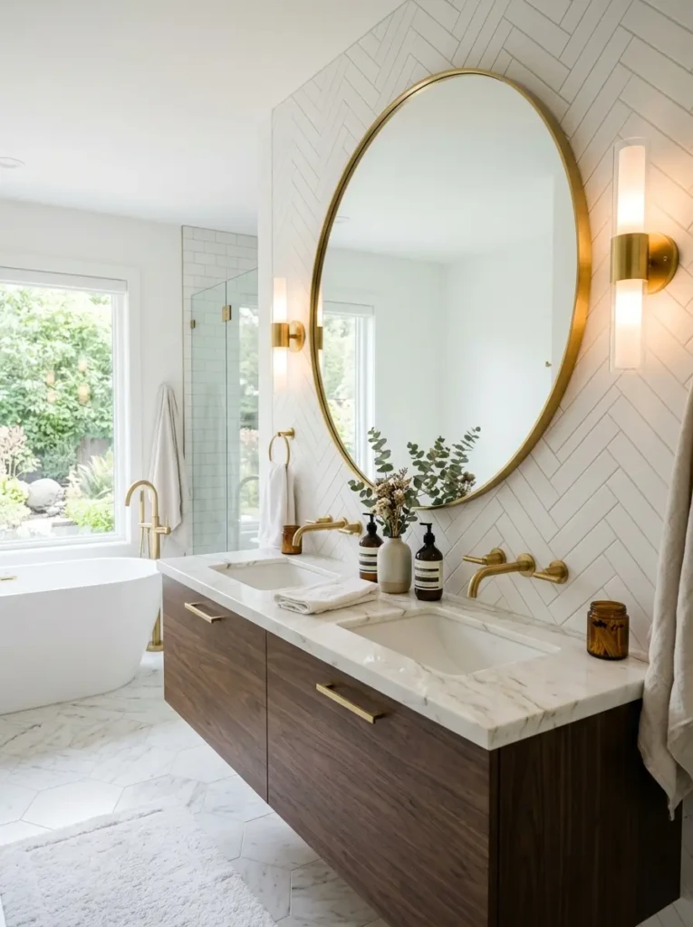Large round brass-framed mirror above a modern bathroom vanity.