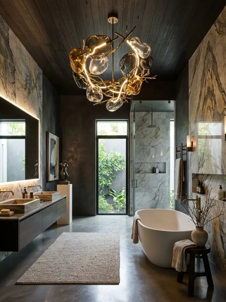 Designer bathroom featuring an artistic statement light fixture and elegant contemporary decor