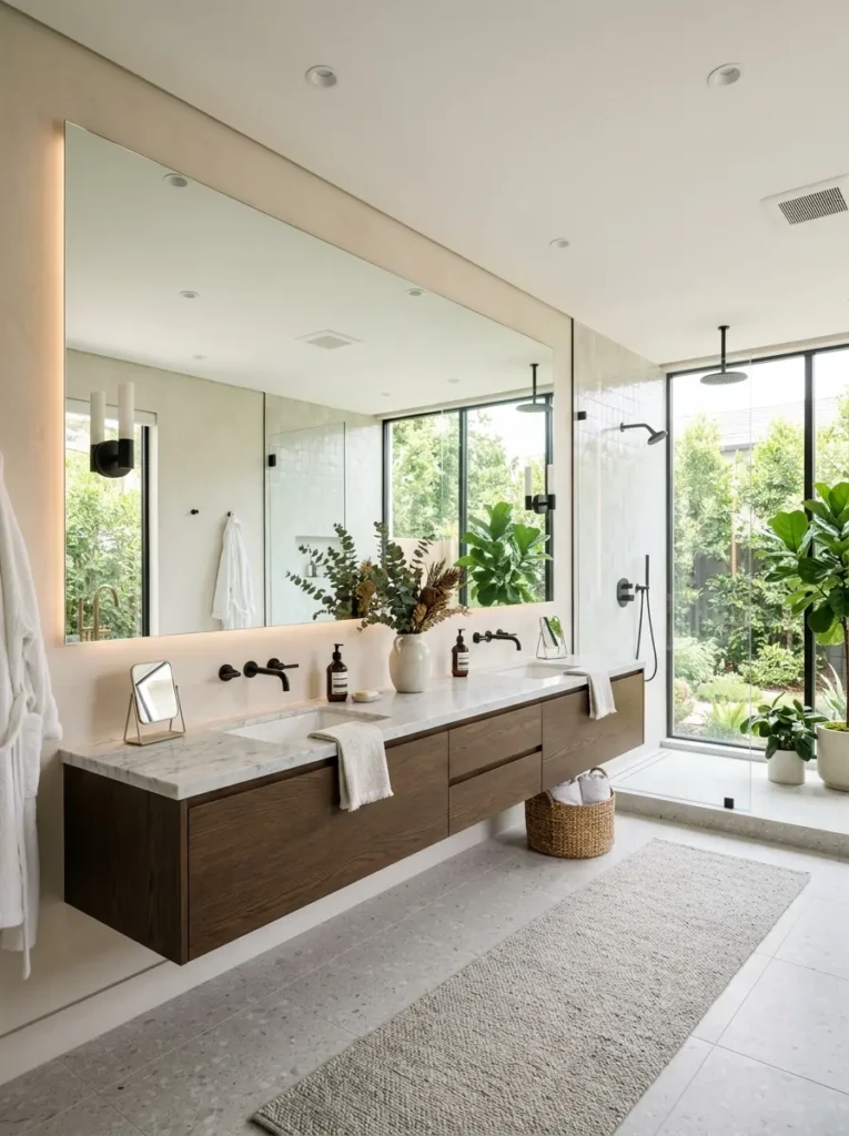 Bright luxury bathroom showcasing an oversized vanity mirror that enhances light and space.