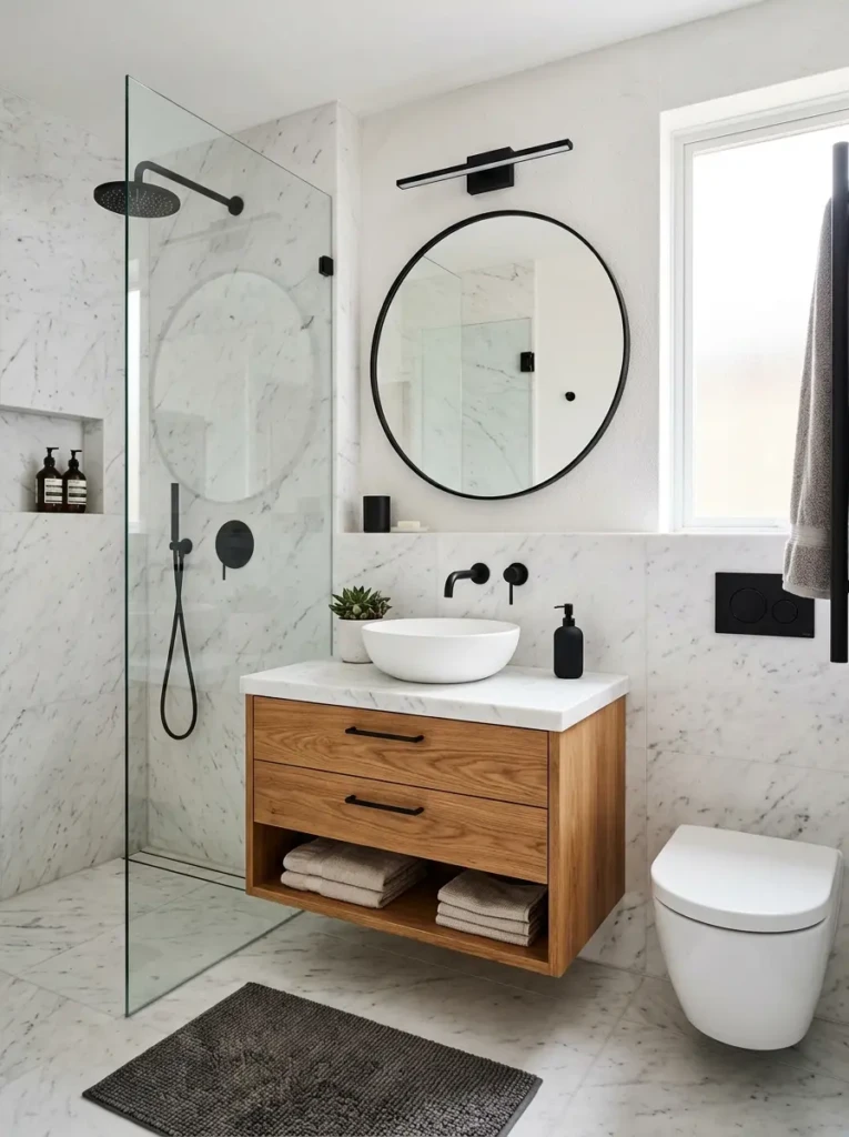 Bathroom with matching stone, wood, and black accents creating a harmonious aesthetic.