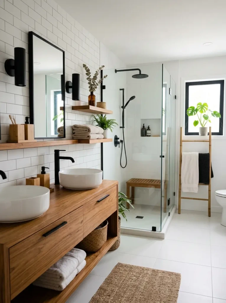 Stylish bathroom combining wood shelving, white tiles, and black hardware