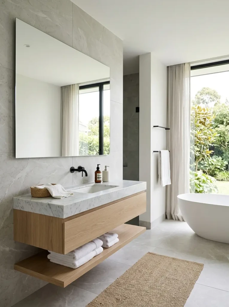 Clean modern bathroom featuring a frameless vanity mirror and sleek minimalist finishes.