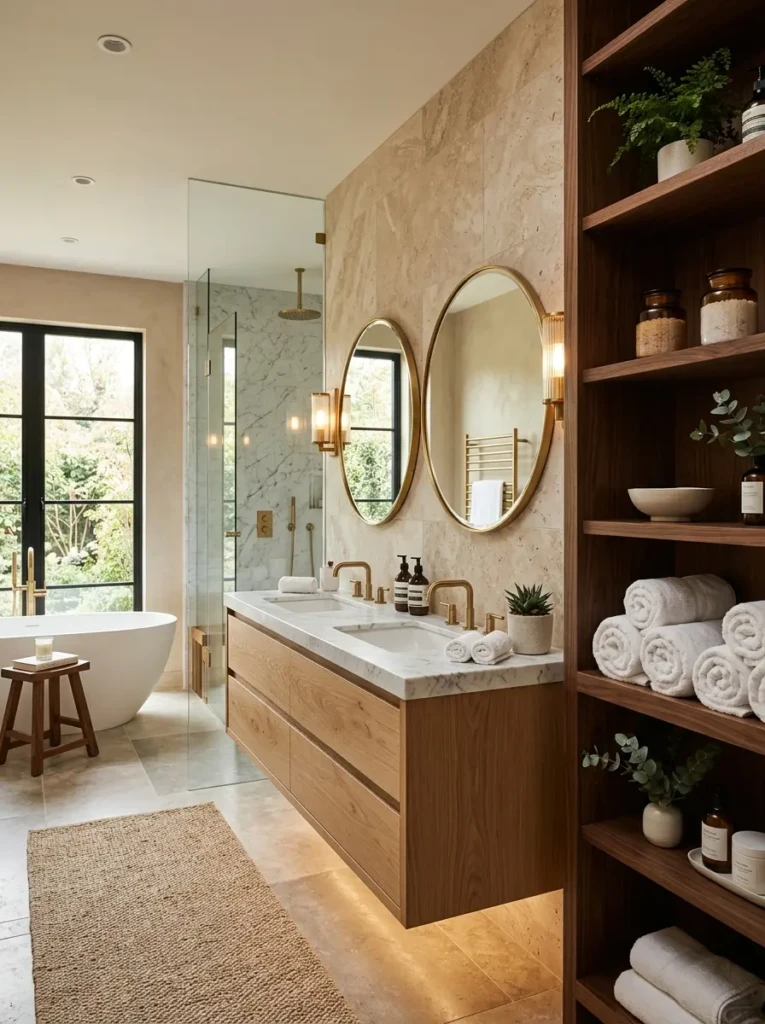 Cozy luxury bathroom with oak vanity, walnut shelving, and natural wood accents paired with stone surfaces.