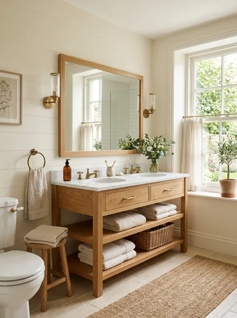 Classic white ceramic bathroom sink paired with a warm wood vanity, cream towels, and soft natural lighting.