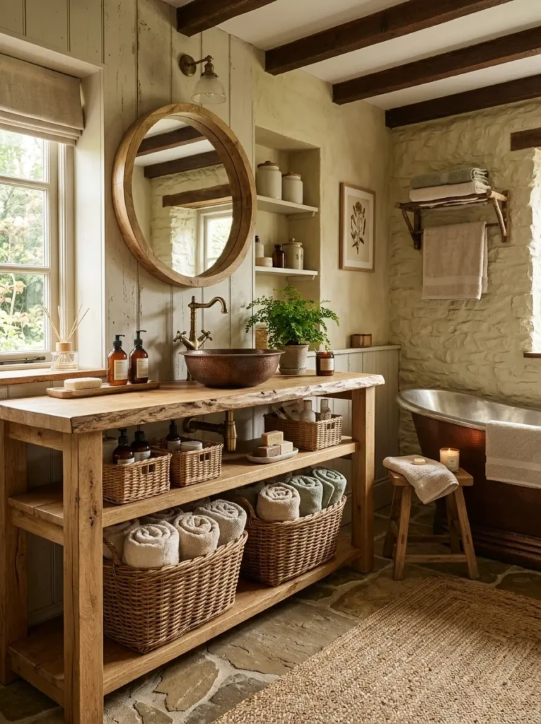 Rustic bathroom featuring woven baskets for stylish storage and natural texture.