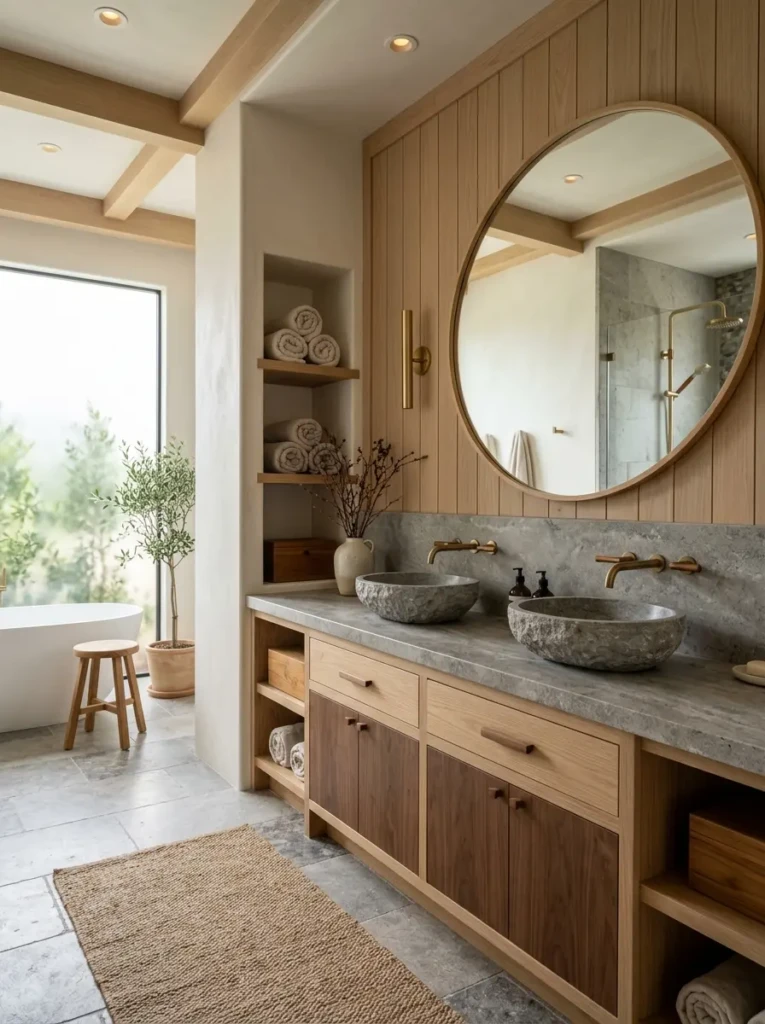 Japandi bathroom showcasing oak, walnut, and teak finishes paired with stone surfaces.