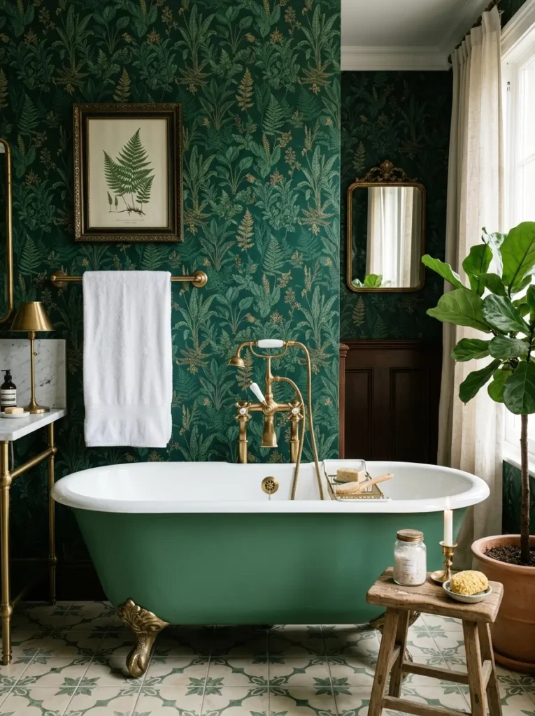 Elegant bathroom featuring emerald botanical wallpaper, brass fixtures, and soft white towels.