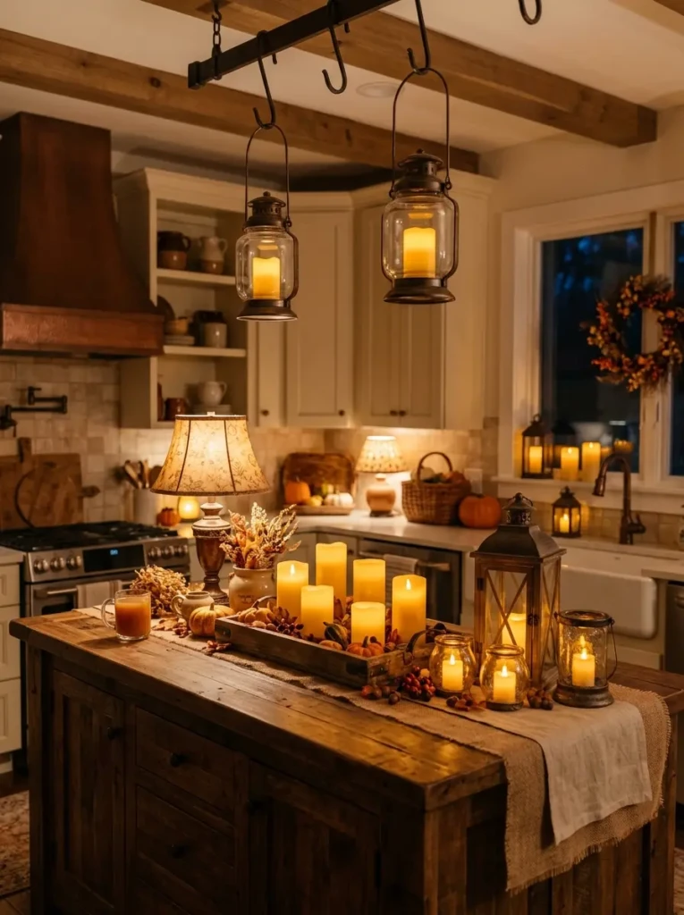 Candles, lanterns, and lamps adding soft illumination to a fall kitchen.
