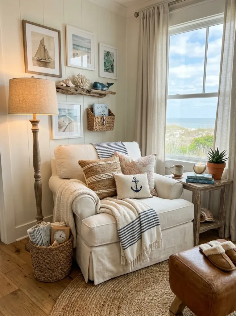 Charming coastal corner featuring a floor lamp, accent chair, and inviting layered textures.