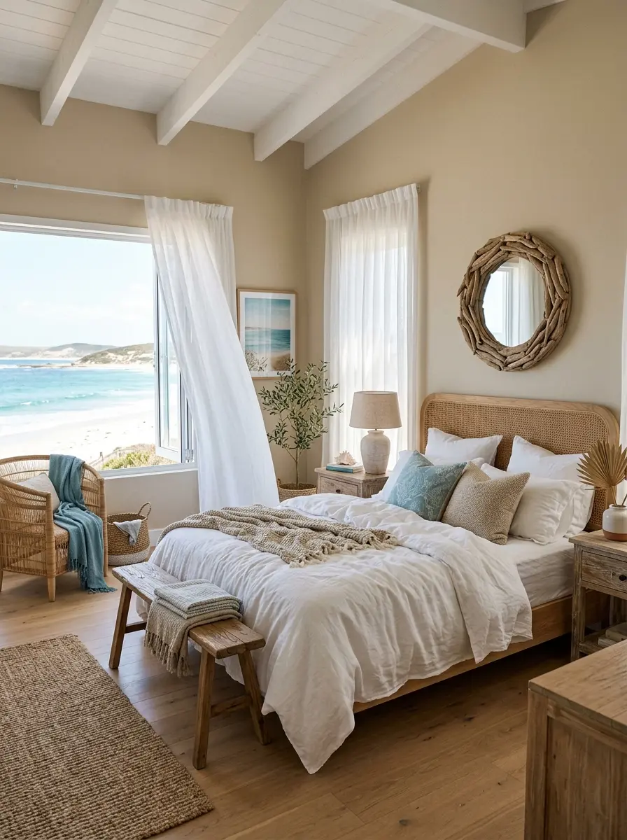 Airy beach bedroom with white bedding, woven decor, and soft coastal colors