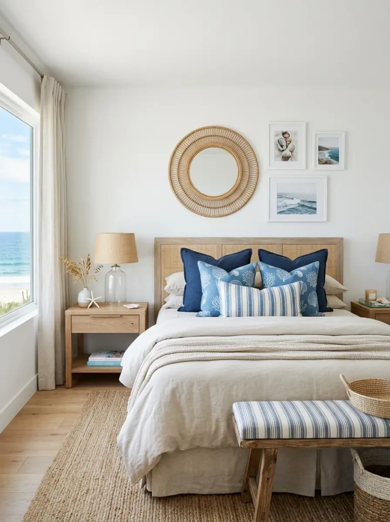 Elegant beach bedroom showcasing layered neutral and blue coastal tones