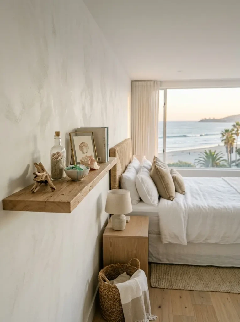 Curated coastal decor displayed neatly in an elegant bedroom