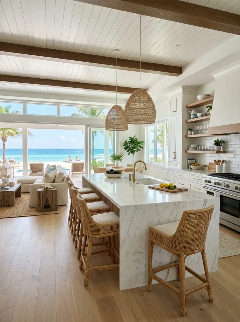 Large beach kitchen with comfortable island seating and open layout.