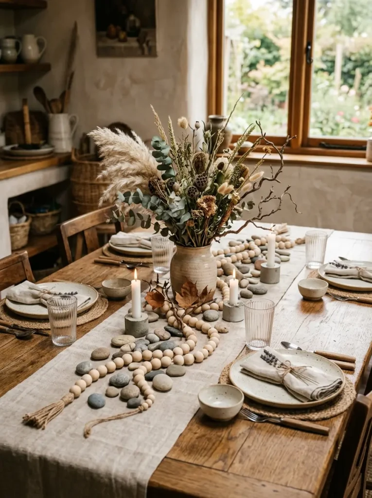 Wooden beads, dried botanicals, and river stones arranged on a cozy dining table.