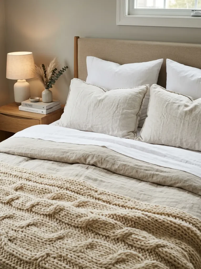 Modern bed styled with linen sheets, knit blanket, and layered neutral pillows.