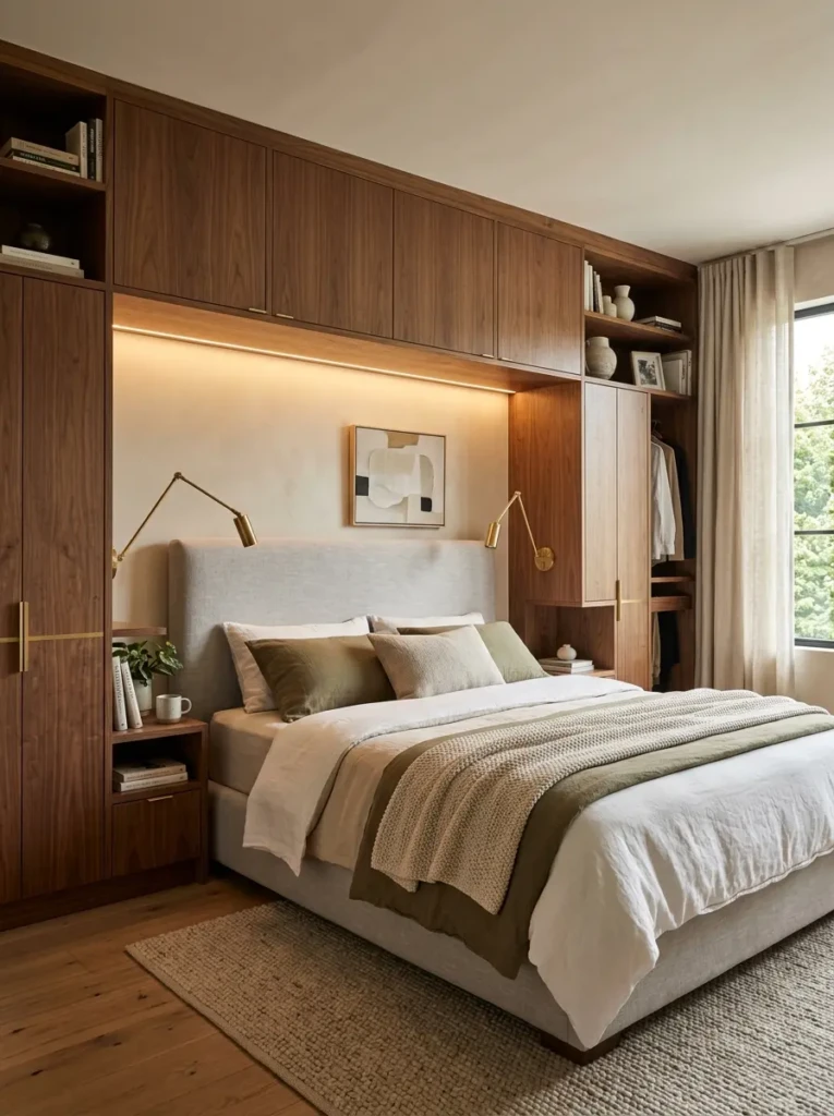 Built-in wardrobe surrounding the bed with overhead storage and elegant lighting.