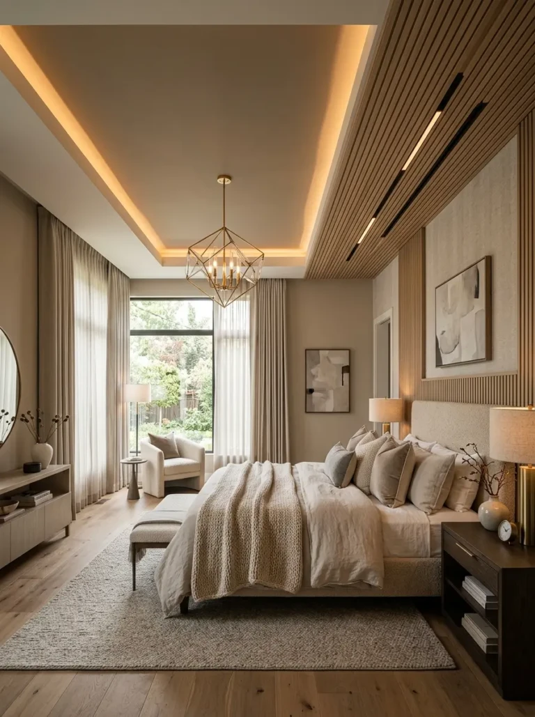 Cozy modern bedroom featuring a beautiful ceiling design, warm lighting, and inviting contemporary decor.