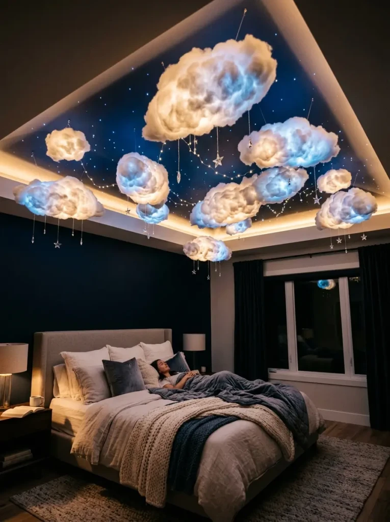 Bedroom ceiling featuring cloud-inspired decor and soft diffused LED lighting for a magical atmosphere.