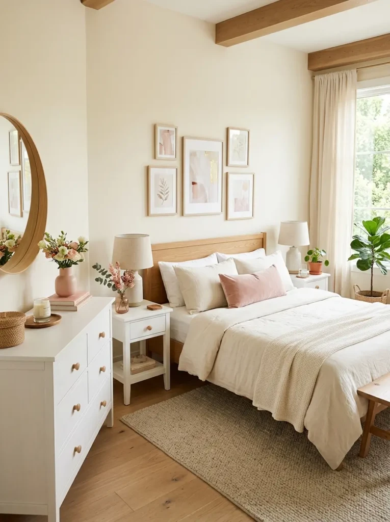 White dresser and nightstands combined with blush accessories and cream textiles