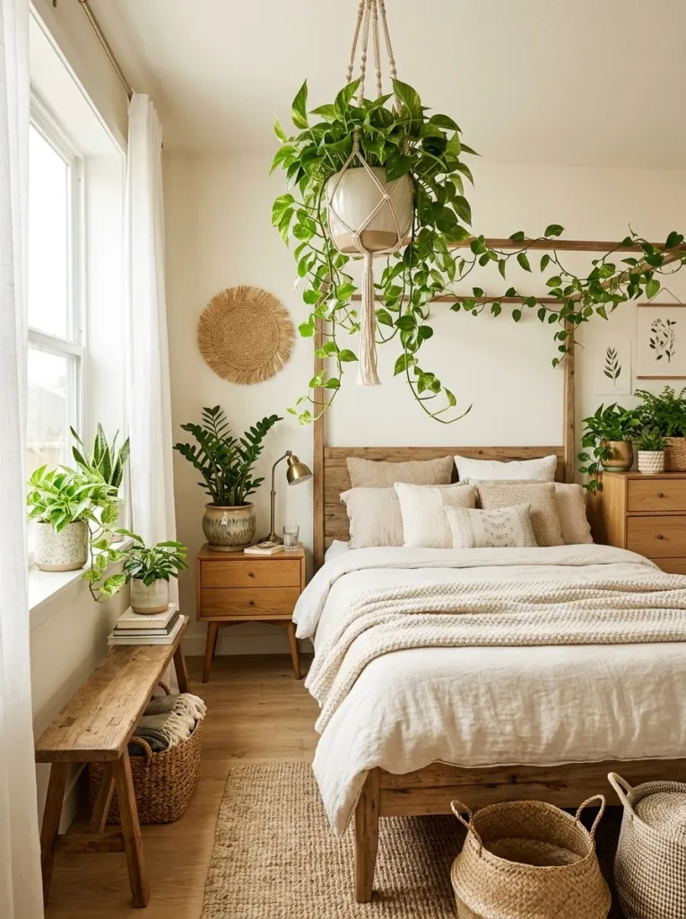 Modern bedroom decorated with lush indoor plants and woven planters.