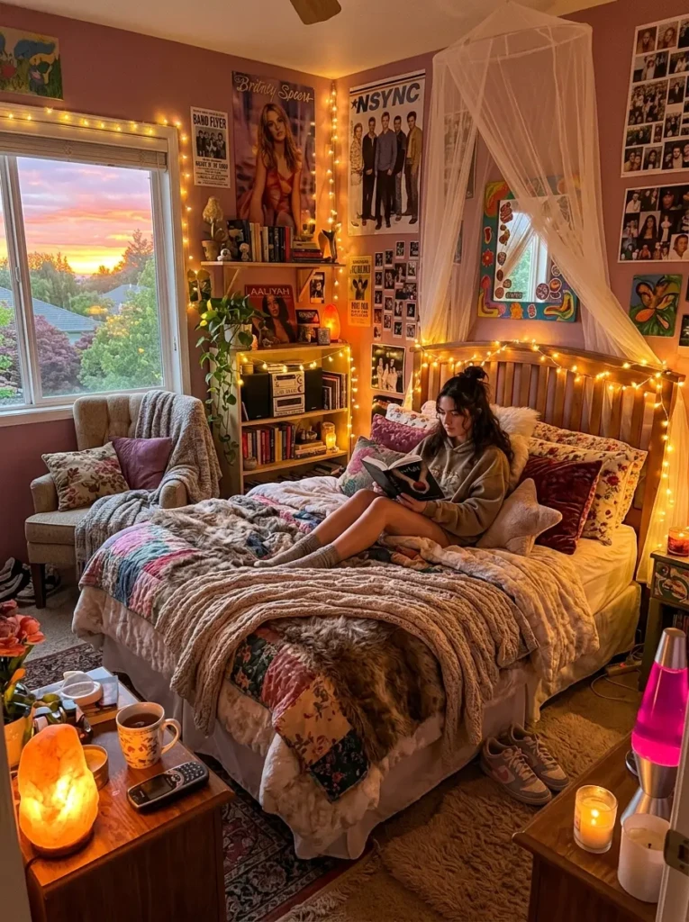 Cozy Y2K-inspired bedroom glowing with soft lighting and inviting decor.