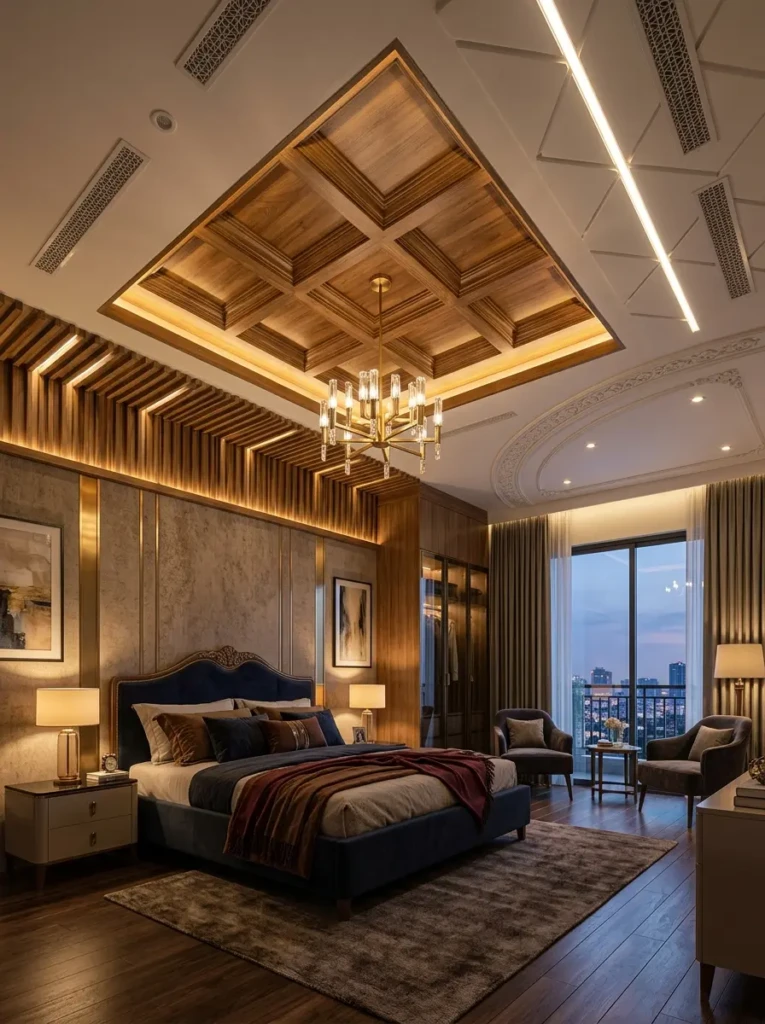 Collection-inspired luxury bedroom showcasing beautiful false ceiling design ideas.
