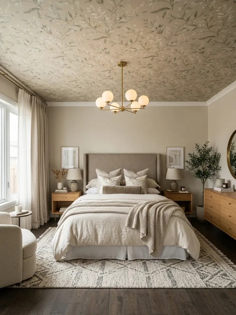 Contemporary bedroom with decorative ceiling wallpaper featuring subtle patterns and cohesive modern styling.