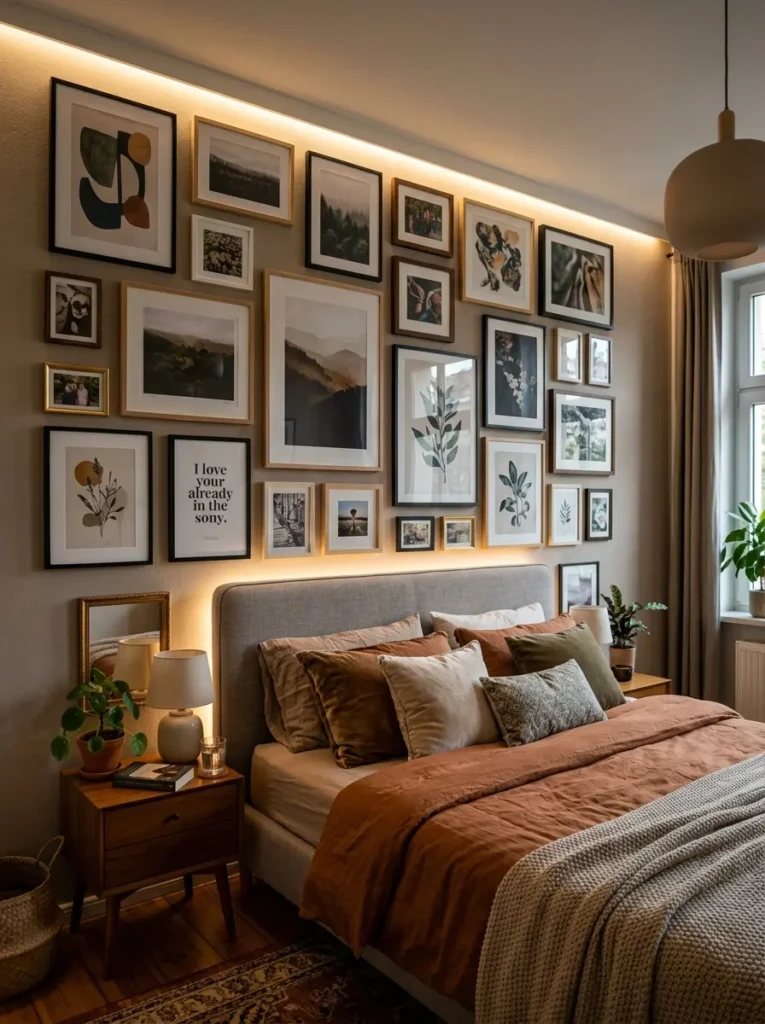 Decorative gallery wall with framed artwork highlighted by subtle LED accent lighting.