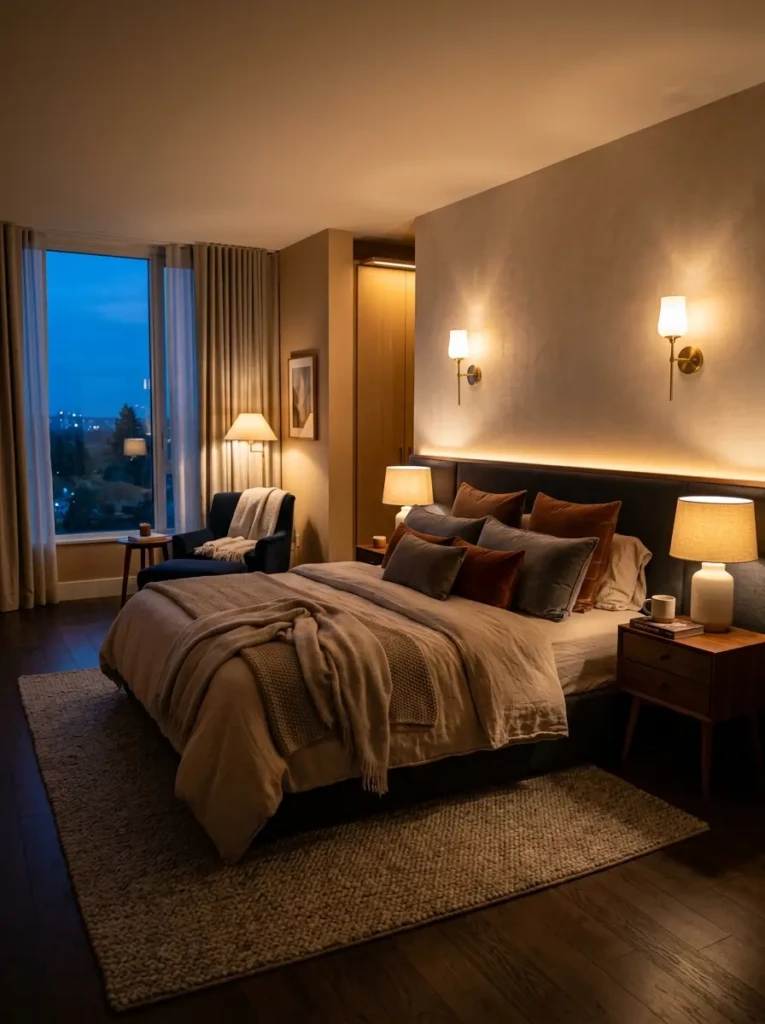 Cozy bedroom illuminated by bedside lamps and ambient lighting creating a relaxing evening atmosphere.