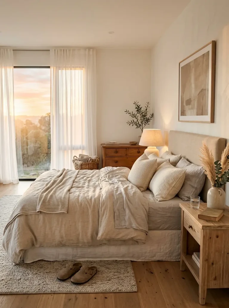 Cozy bedroom interior at sunrise with soft linen bedding, sheer curtains, warm golden light, and elegant neutral decor.