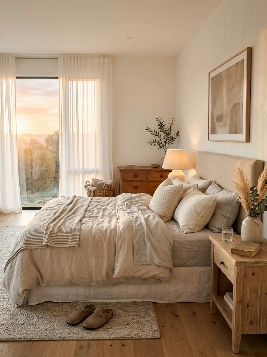 Cozy bedroom interior at sunrise with soft linen bedding, sheer curtains, warm golden light, and elegant neutral decor.
