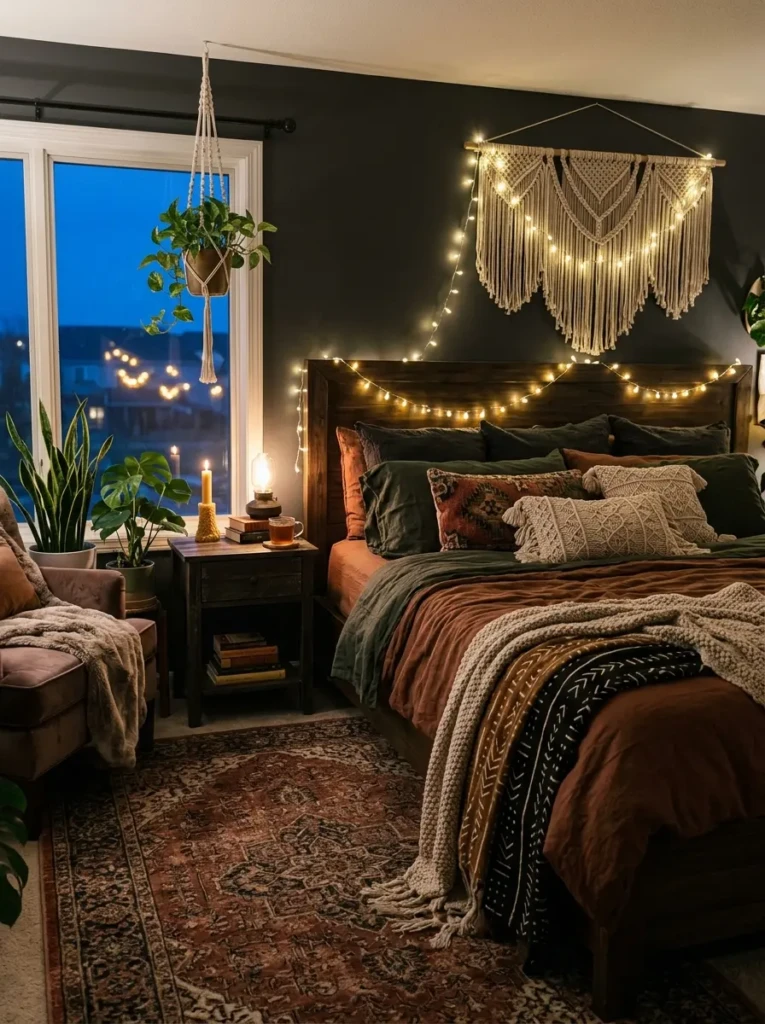 Peaceful dark boho bedroom glowing softly in the evening light.