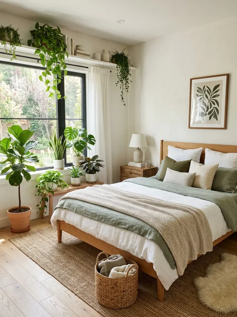 Relaxing bedroom decorated with lush green plants and abundant natural light.