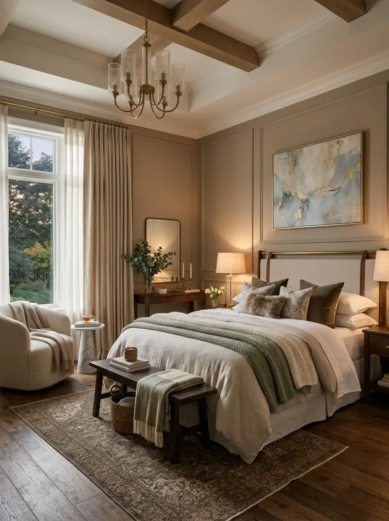 Beautifully designed bedroom combining cozy textures, warm lighting, and timeless decor elements.